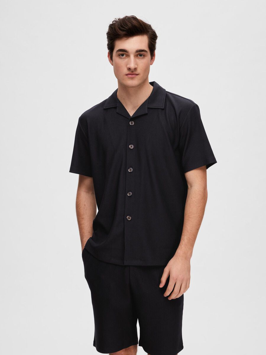 Selected RIBBED CUBAN COLLAR SHORT SLEEVED SHIRT, Black, highres - 16090778_Black_003.jpg