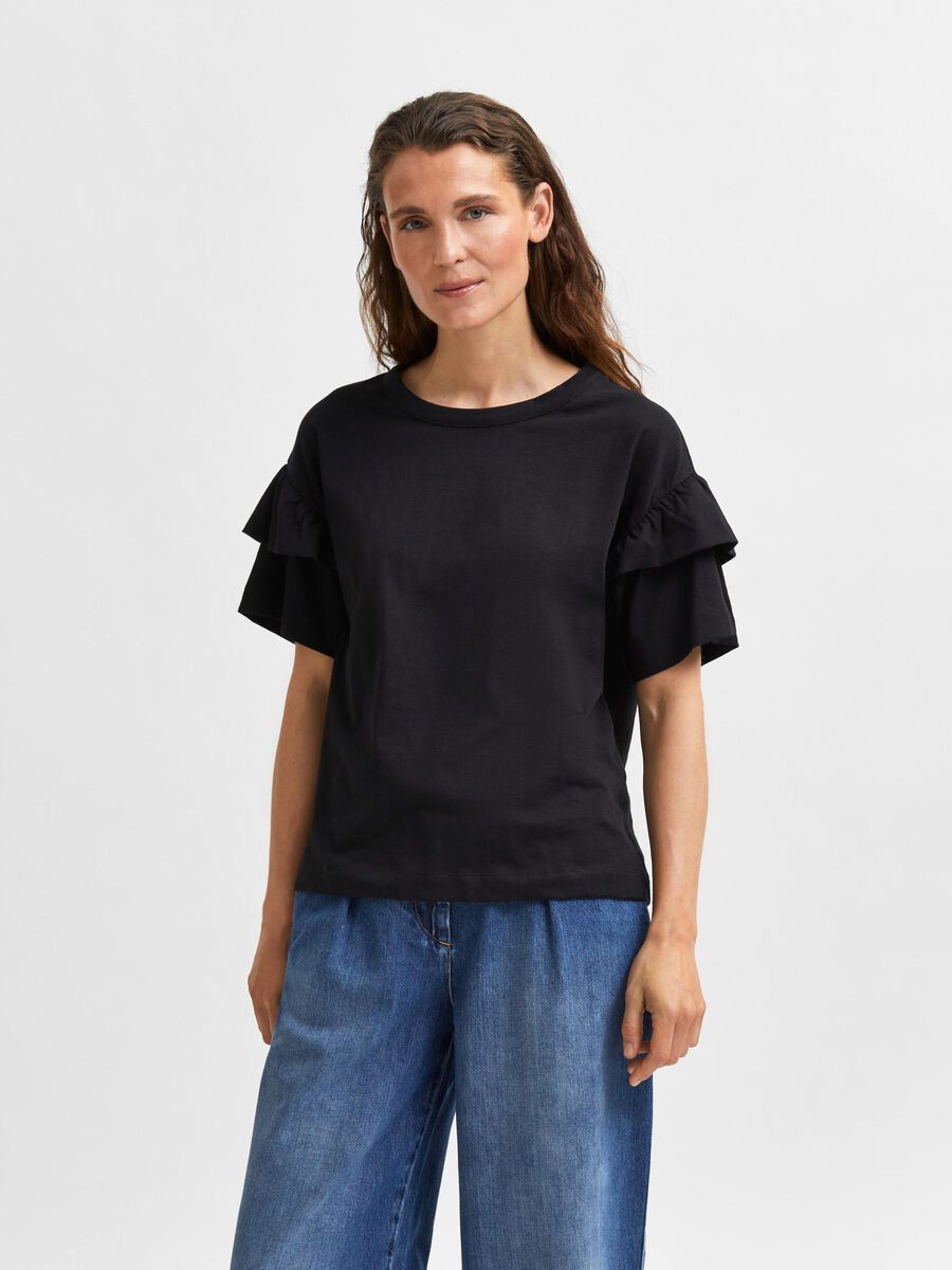 Selected COTTON RUFFLE  T-SHIRT, Black, highres - 16079837_Black_003.jpg