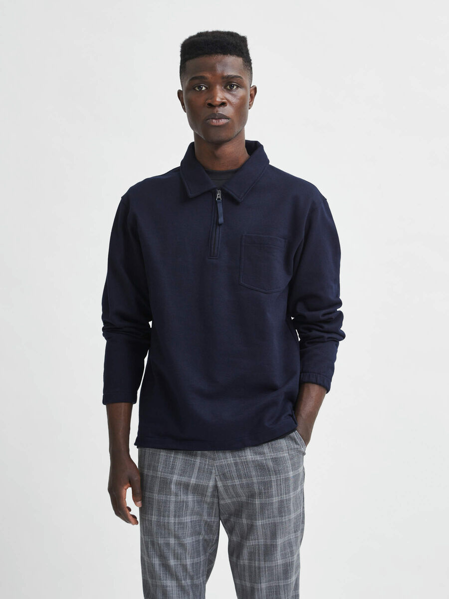 Selected ORGANIC COTTON POLO ZIP SWEATSHIRT, Navy Blazer, highres - 16080153_NavyBlazer_003.jpg