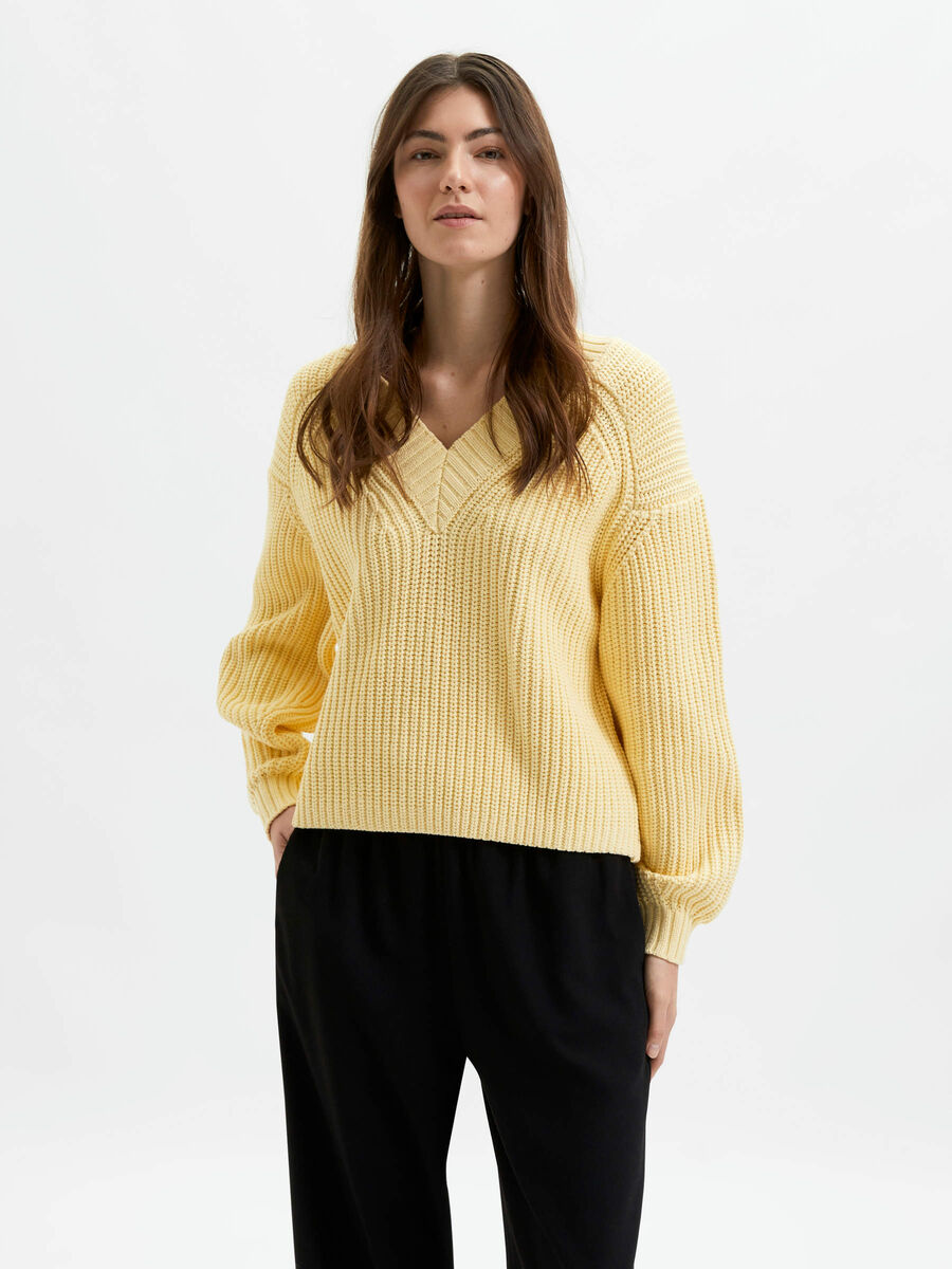 Selected BALLOON SLEEVED KNITTED V-NECK JUMPER, Double Cream, highres - 16082649_DoubleCream_003.jpg