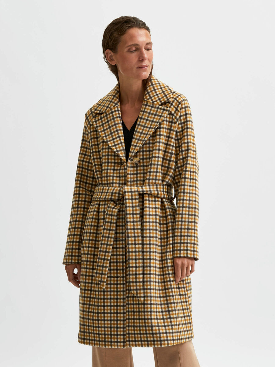 Selected LONG WOOL CHECKED COAT, Sandshell, highres - 16079501_Sandshell_850366_003.jpg