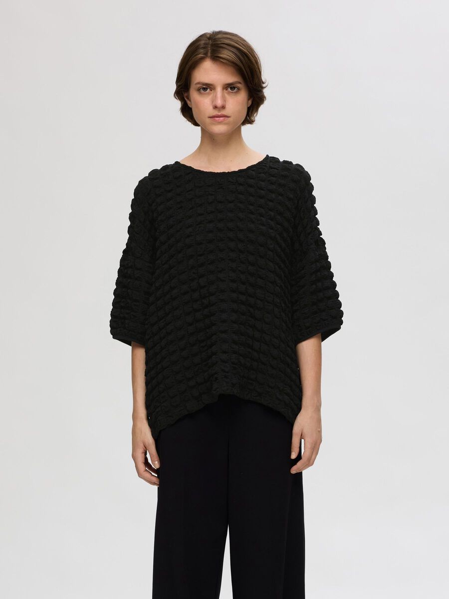 Selected TEXTURED  3/4 SLEEVED TOP, Black, highres - 16096981_Black_003.jpg