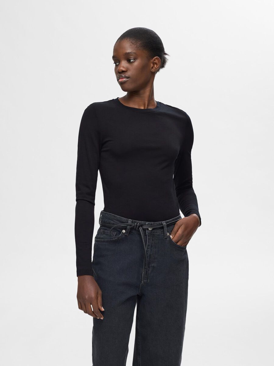 Selected 100% WOOL  LONG SLEEVED TOP, Black, highres - 16094436_Black_003.jpg