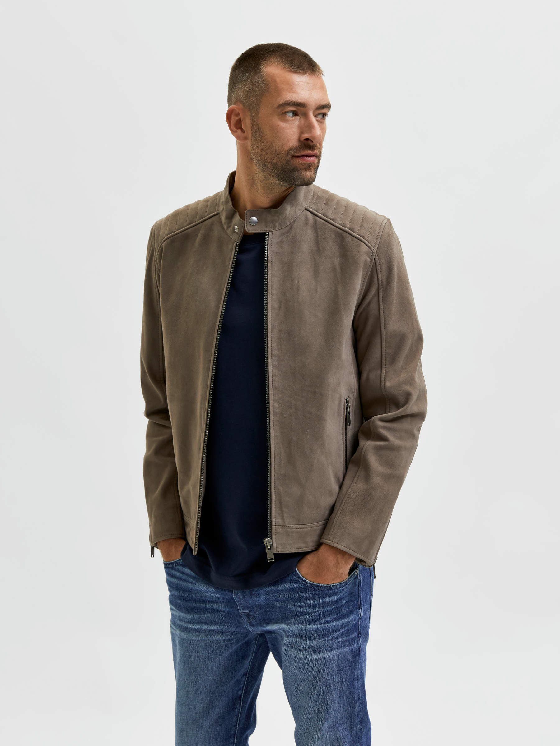 crew neck leather jacket