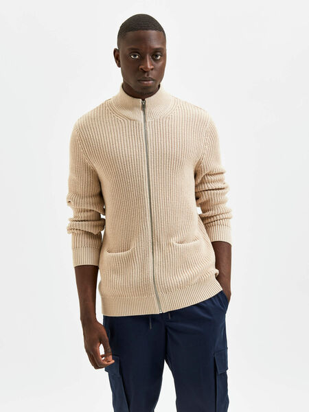 Selected KNITTED ZIP-UP CARDIGAN, Oatmeal, highres - 16081845_Oatmeal_003.jpg