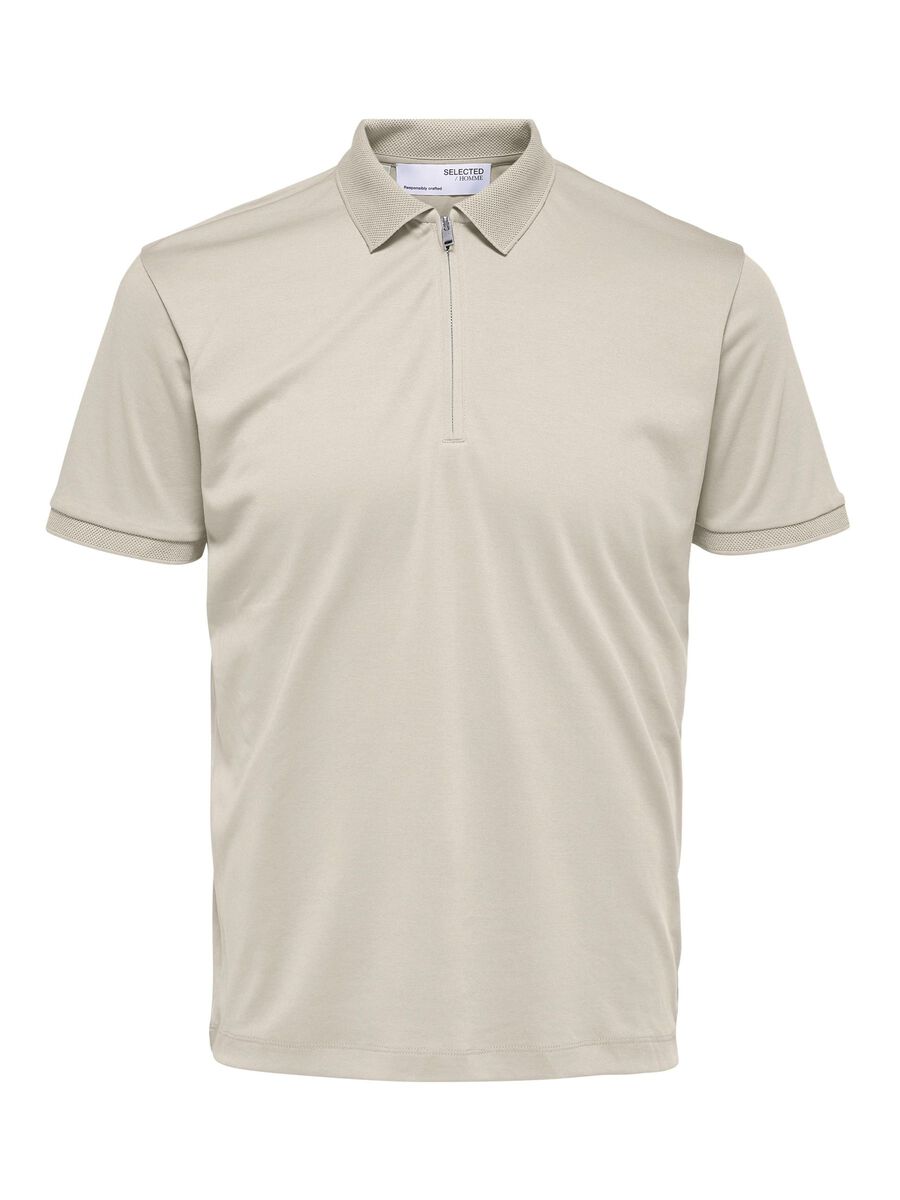 Selected ZIPPER POLO SHIRT, Oatmeal, highres - 16079026_Oatmeal_001.jpg