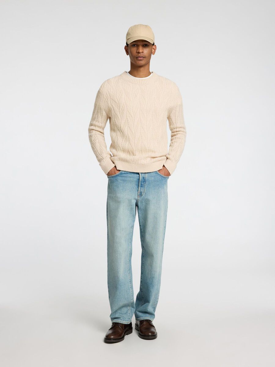 Selected WOOL BLEND CABLE KNITTED PULLOVER, Oatmeal, highres - 16086686_Oatmeal_005.jpg