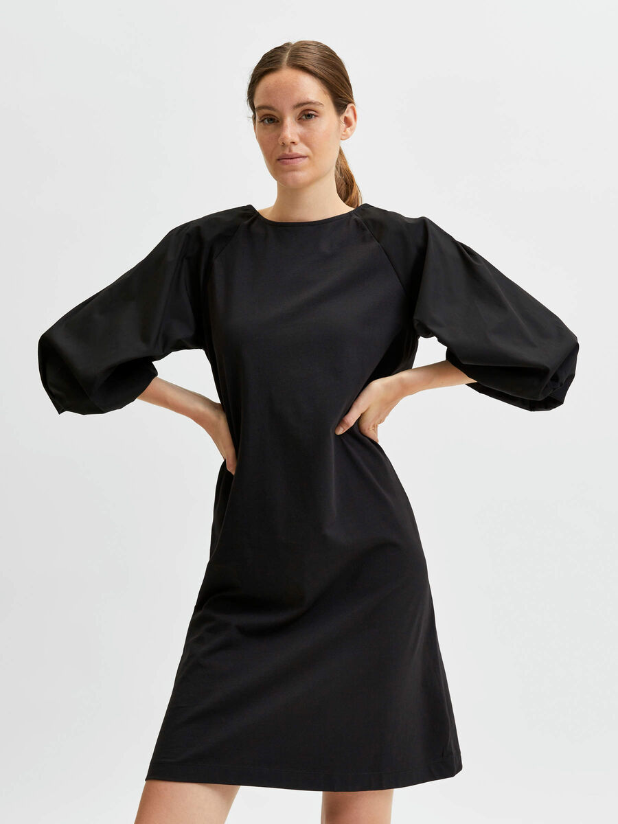 Selected 3/4 LENGTH PUFF SLEEVED DRESS, Black, highres - 16080782_Black_003.jpg