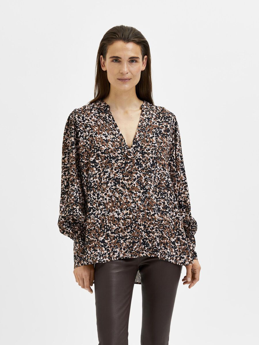 Selected PRINTED BALLOON SLEEVE TOP, Black, highres - 16080650_Black_877555_003.jpg