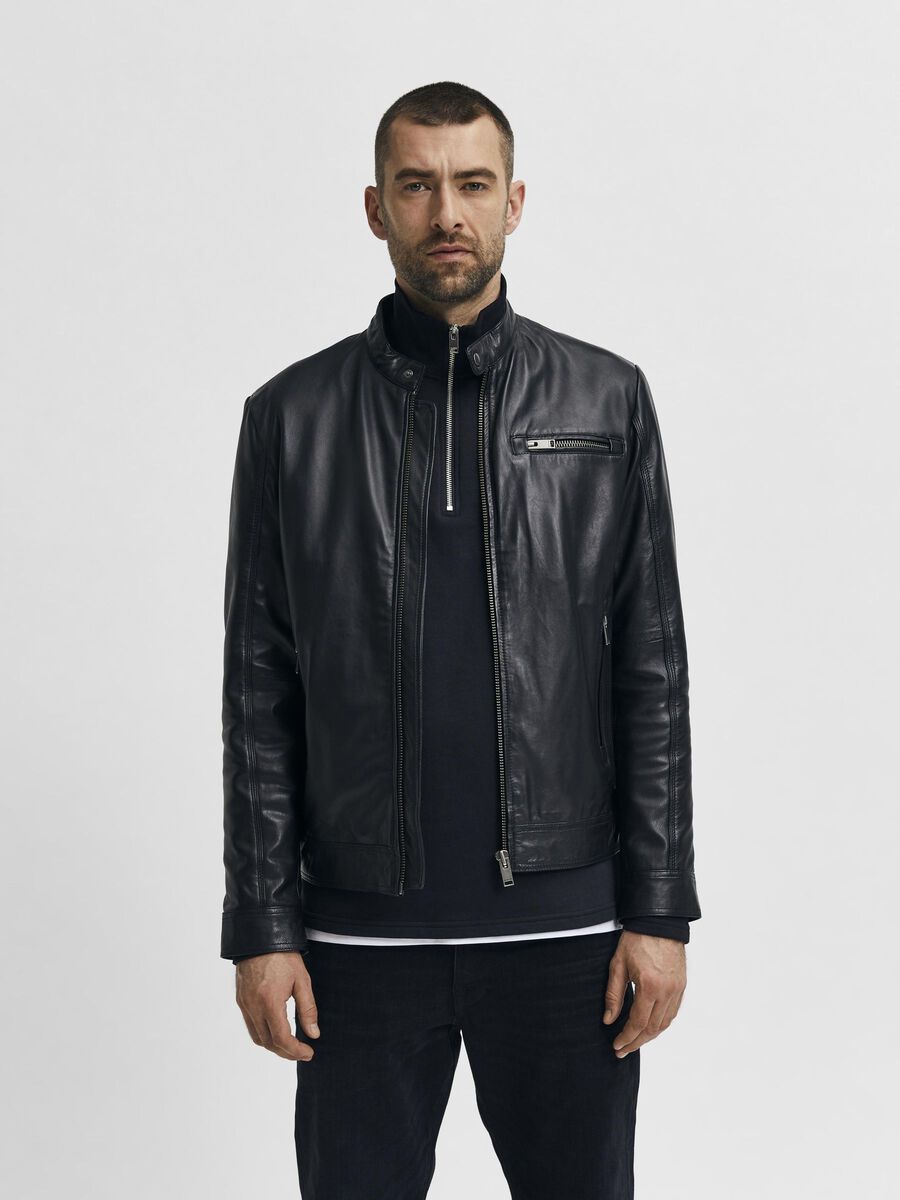 Selected ZIP LEATHER JACKET, Black, highres - 16077540_Black_003.jpg