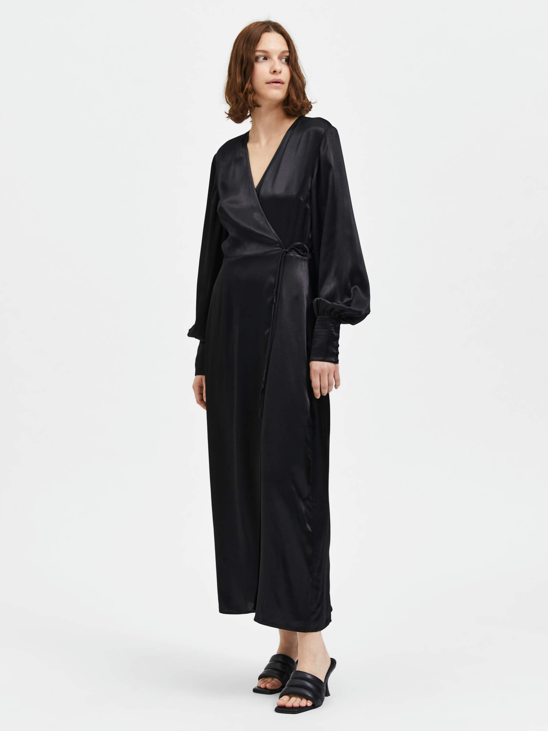 Black satin clearance wrap maxi dress