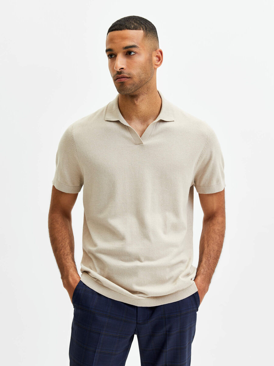 Selected SPLIT NECK POLO SHIRT, Sand, highres - 16079114_Sand_843892_003.jpg