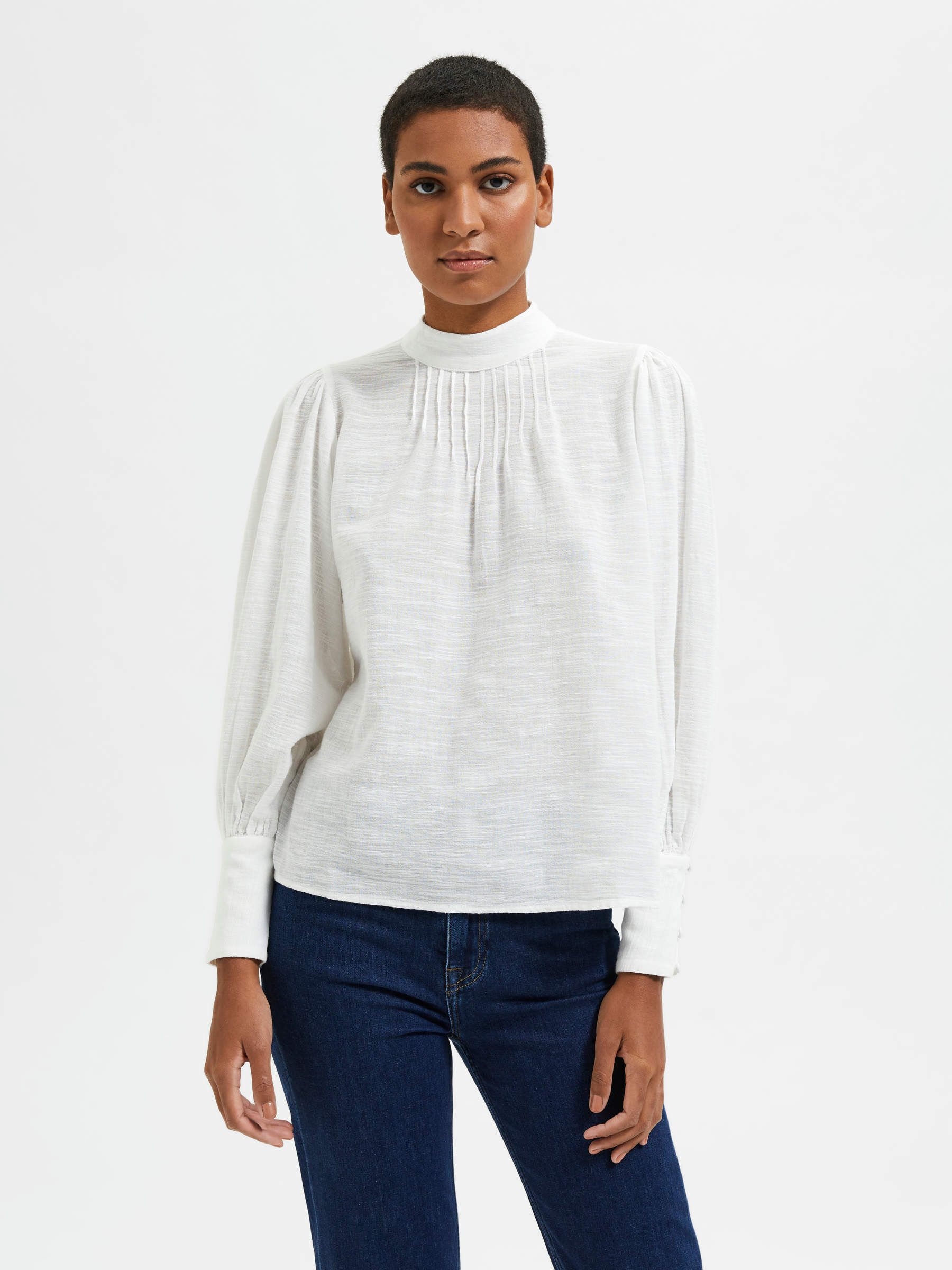 Pleated high neck blouse outlet