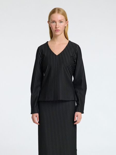 Selected À RAYURES EN VISCOSE MÉLANGÉE TOP À COL V, Black, highres - 16095991_Black_1146496_003.jpg