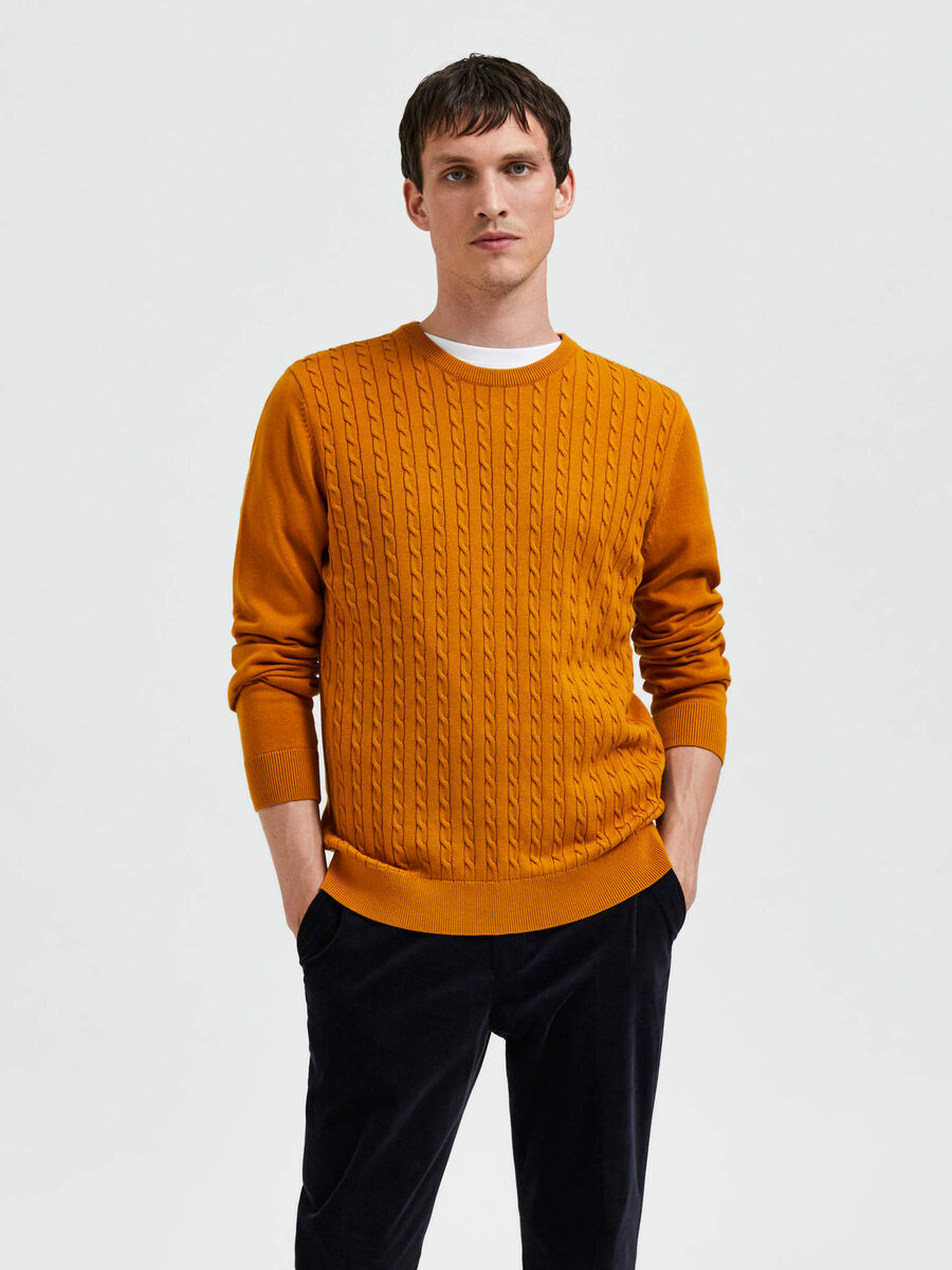 Selected KABELGEBREID SWEATER, Buckthorn Brown, highres - 16086736_BuckthornBrown_003.jpg