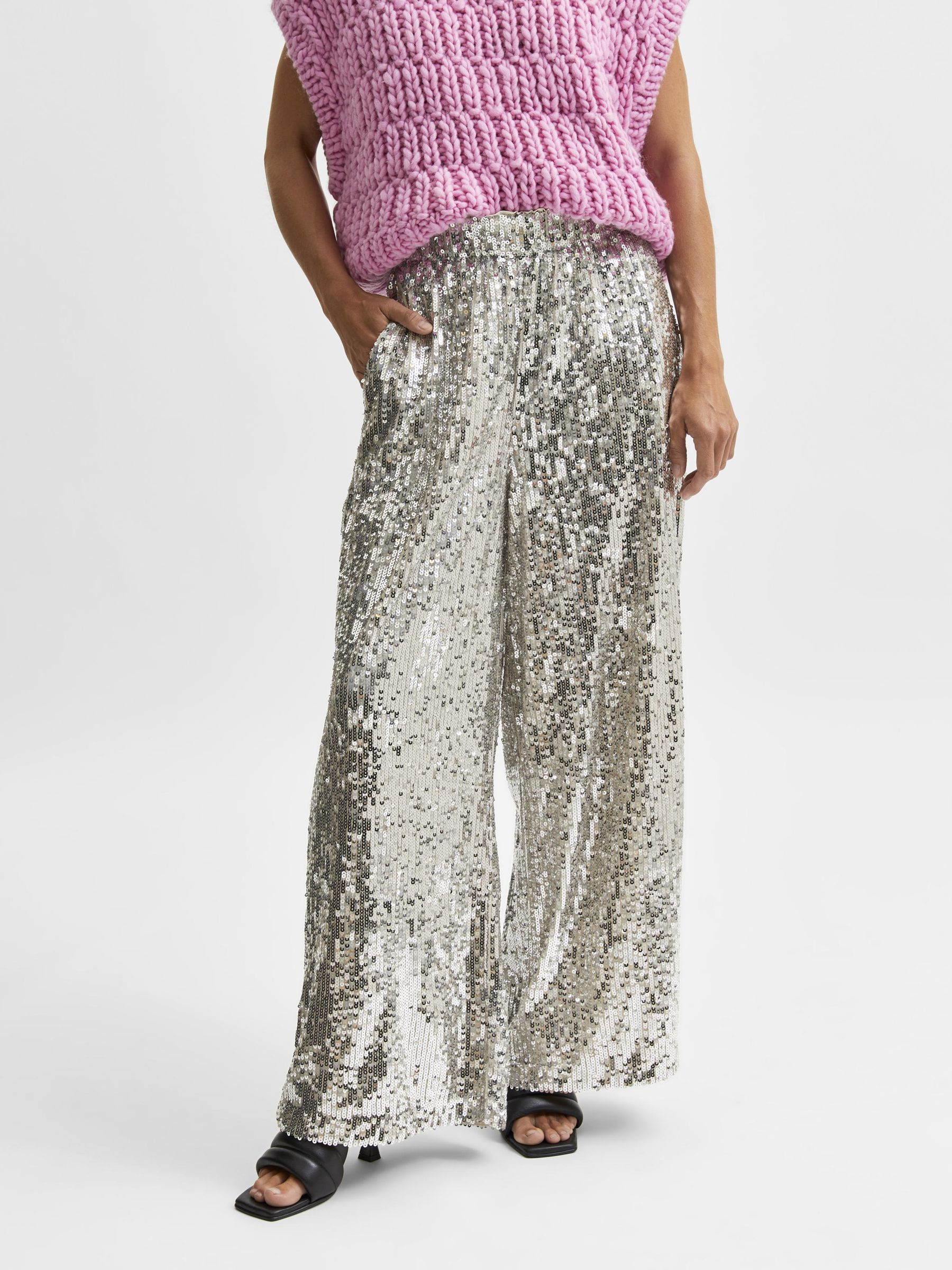 silver sequin wide leg pants