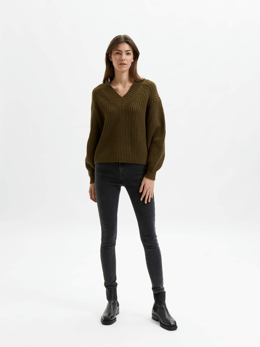 Selected BALLOON SLEEVED KNITTED V-NECK JUMPER, Dark Olive, highres - 16082649_DarkOlive_005.jpg