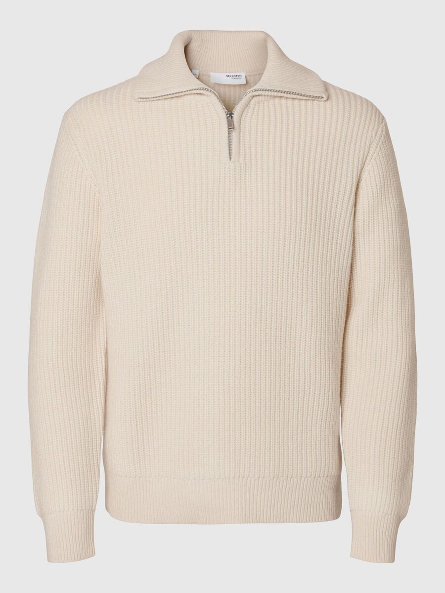 Selected WOLLGEMISCH STRICK HALF-ZIP PULLOVER, Tofu, highres - 16094581_Tofu_001.jpg