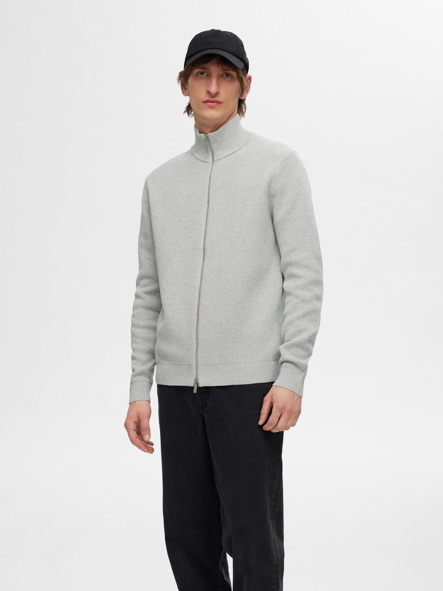 Selected ZIPPED HIGH NECK KNITTED CARDIGAN, Light Grey Melange, highres - 16096883_LightGreyMelange_003.jpg