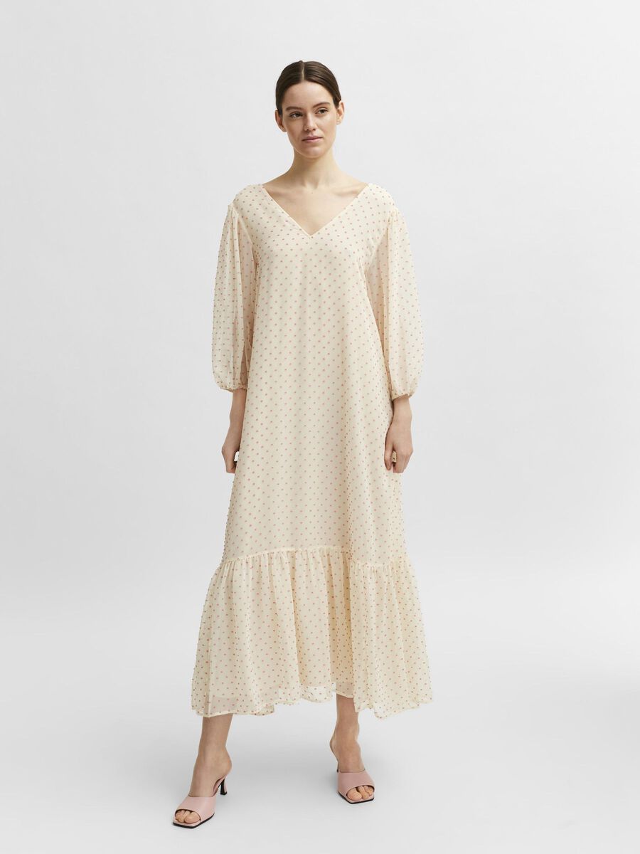 Selected TEXTURED V-NECK PUFF SLEEVE DRESS, Young Wheat, highres - 16078953_YoungWheat_843194_005.jpg