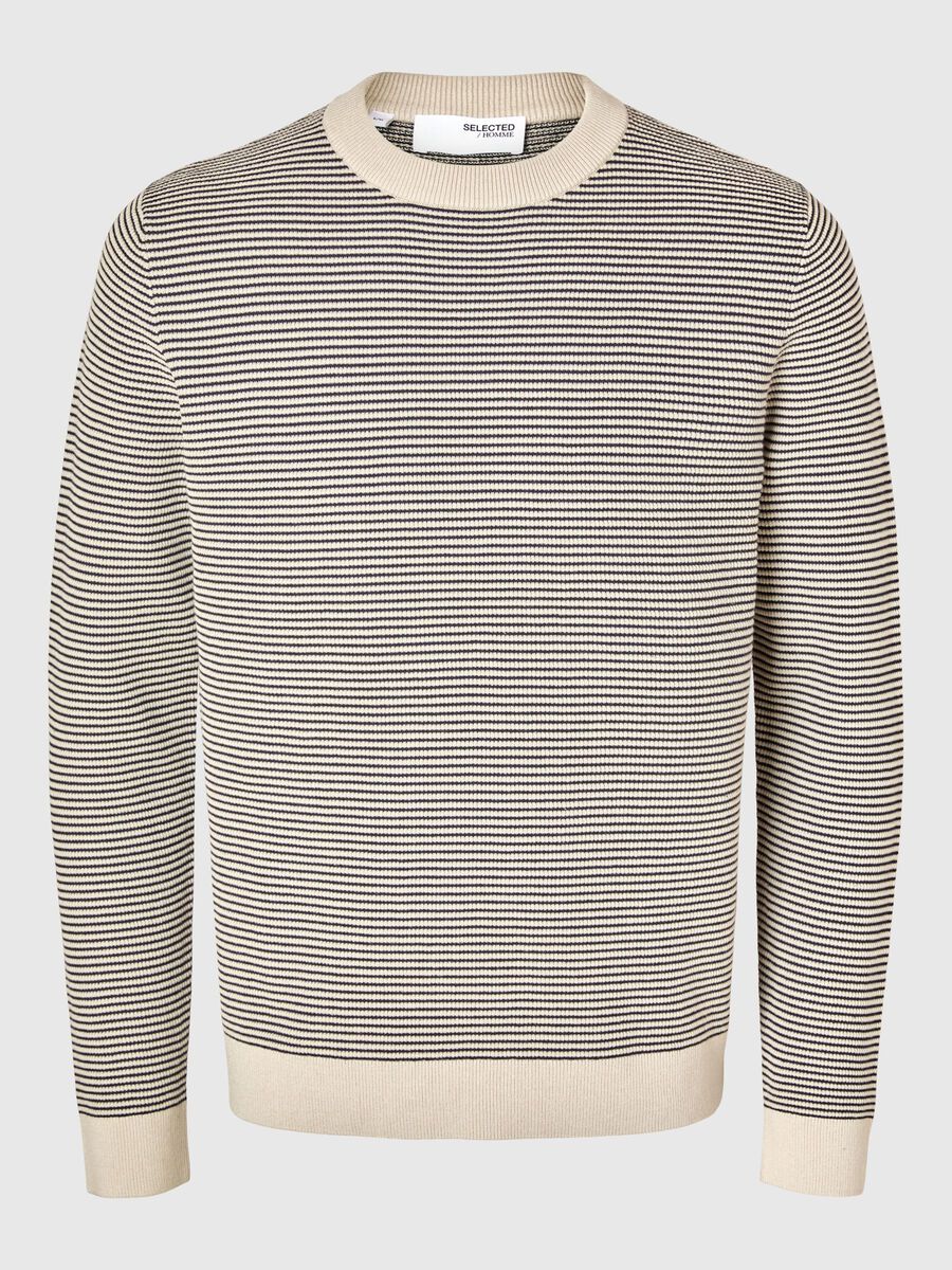 Selected STRIPED CREWNECK KNITTED PULLOVER, Oatmeal, highres - 16094580_Oatmeal_1128565_001.jpg
