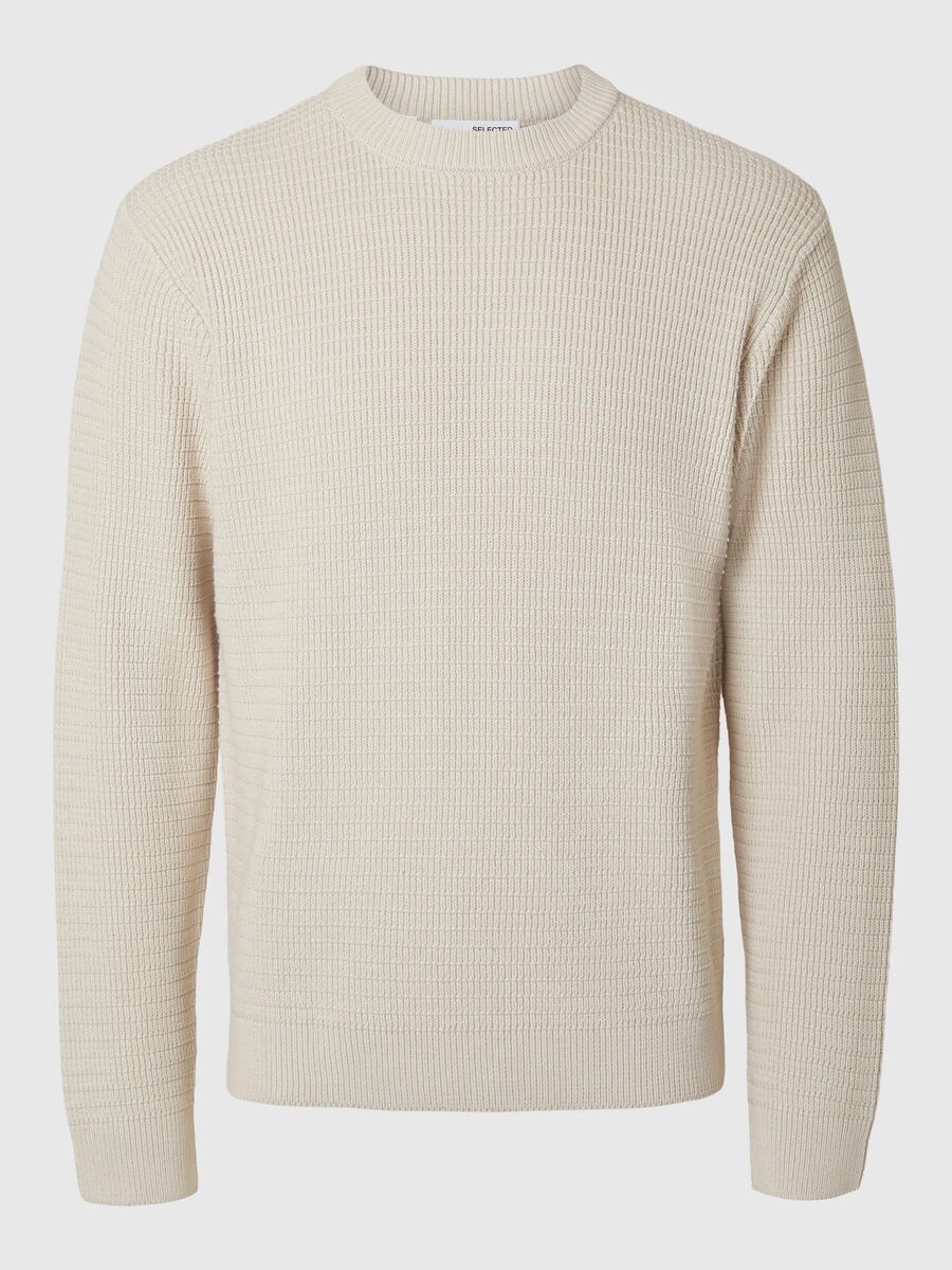 Selected TEXTURIERTER PULLOVER MIT RUNDHALSAUSSCHNITT, Oatmeal, highres - 16095614_Oatmeal_001.jpg
