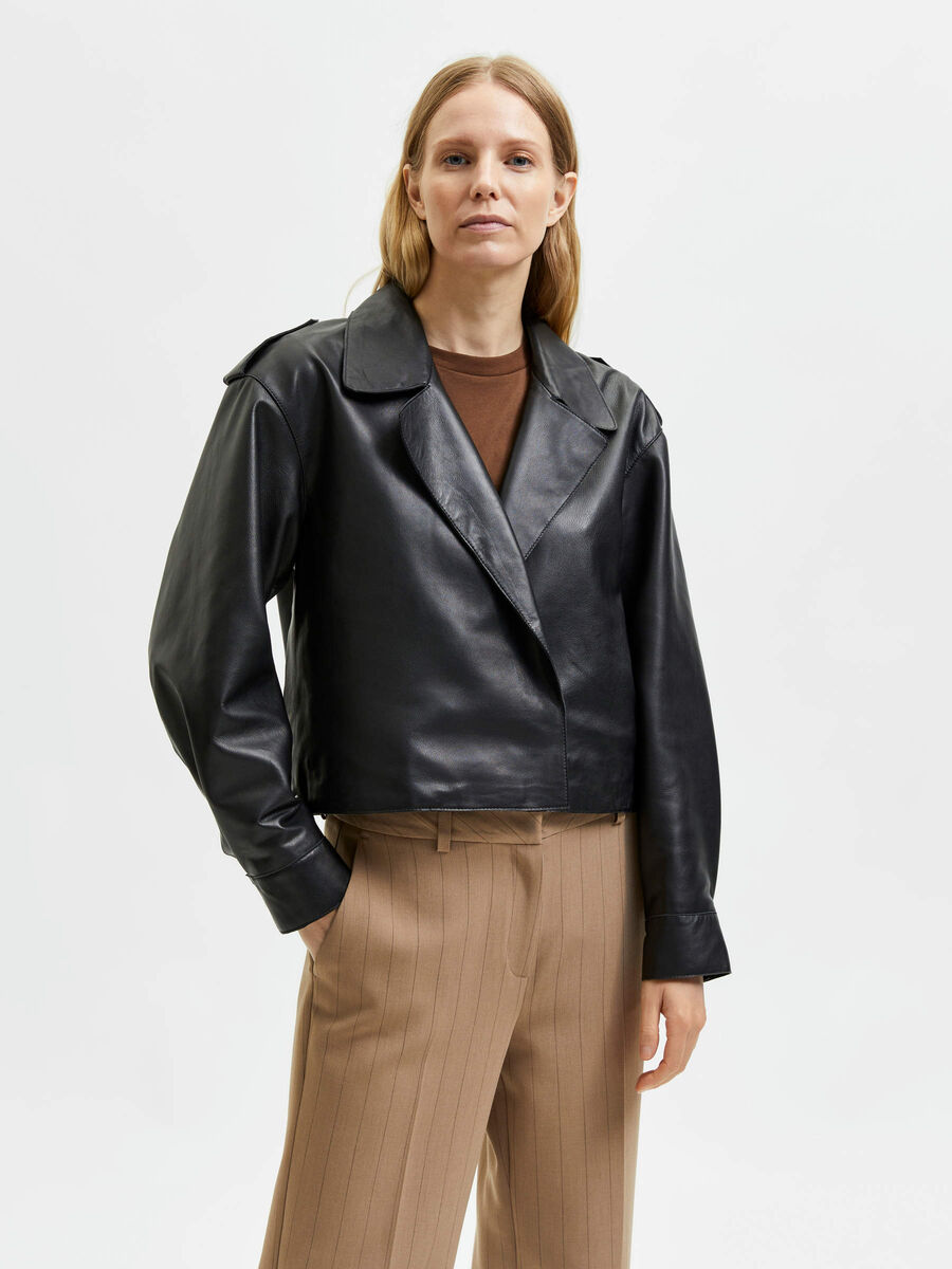 Selected SLIGHTLY CROPPED LEATHER JACKET, Black, highres - 16080980_Black_003.jpg