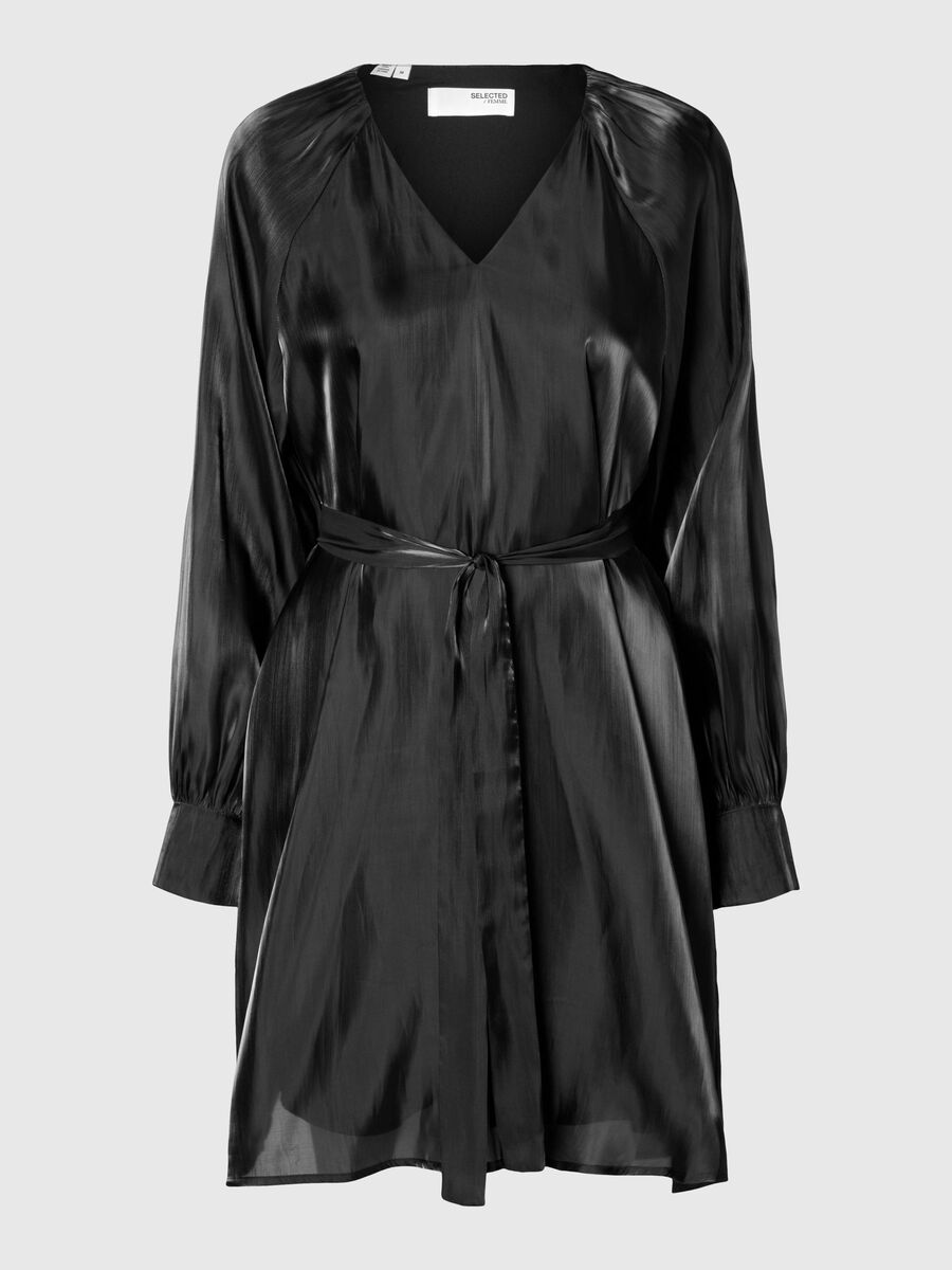 Selected METALLIC V-NECK DRESS, Black, highres - 16095007_Black_001.jpg
