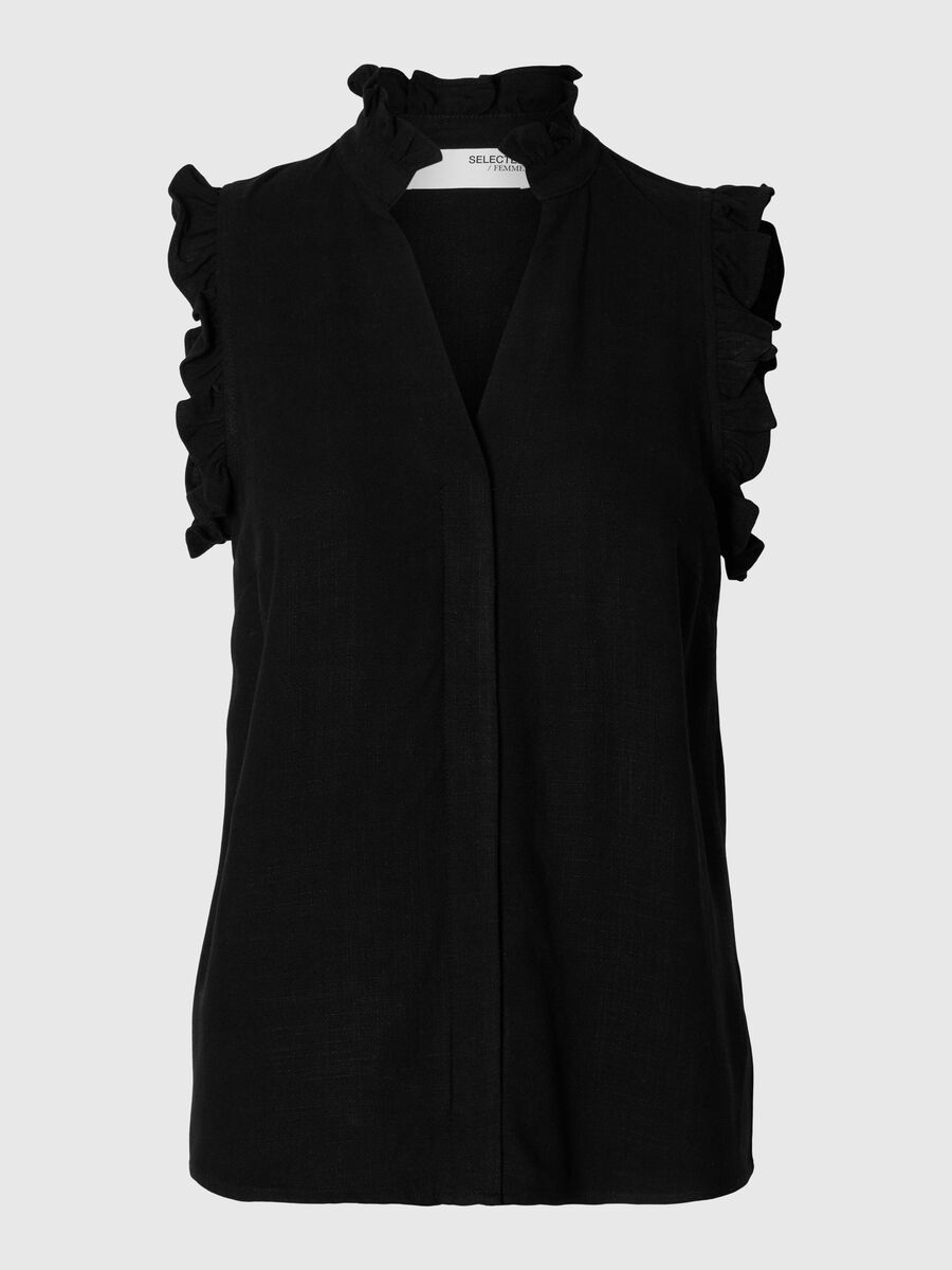 Selected SLEEVELESS RUFFLE DETAIL TOP, Black, highres - 16096447_Black_001.jpg