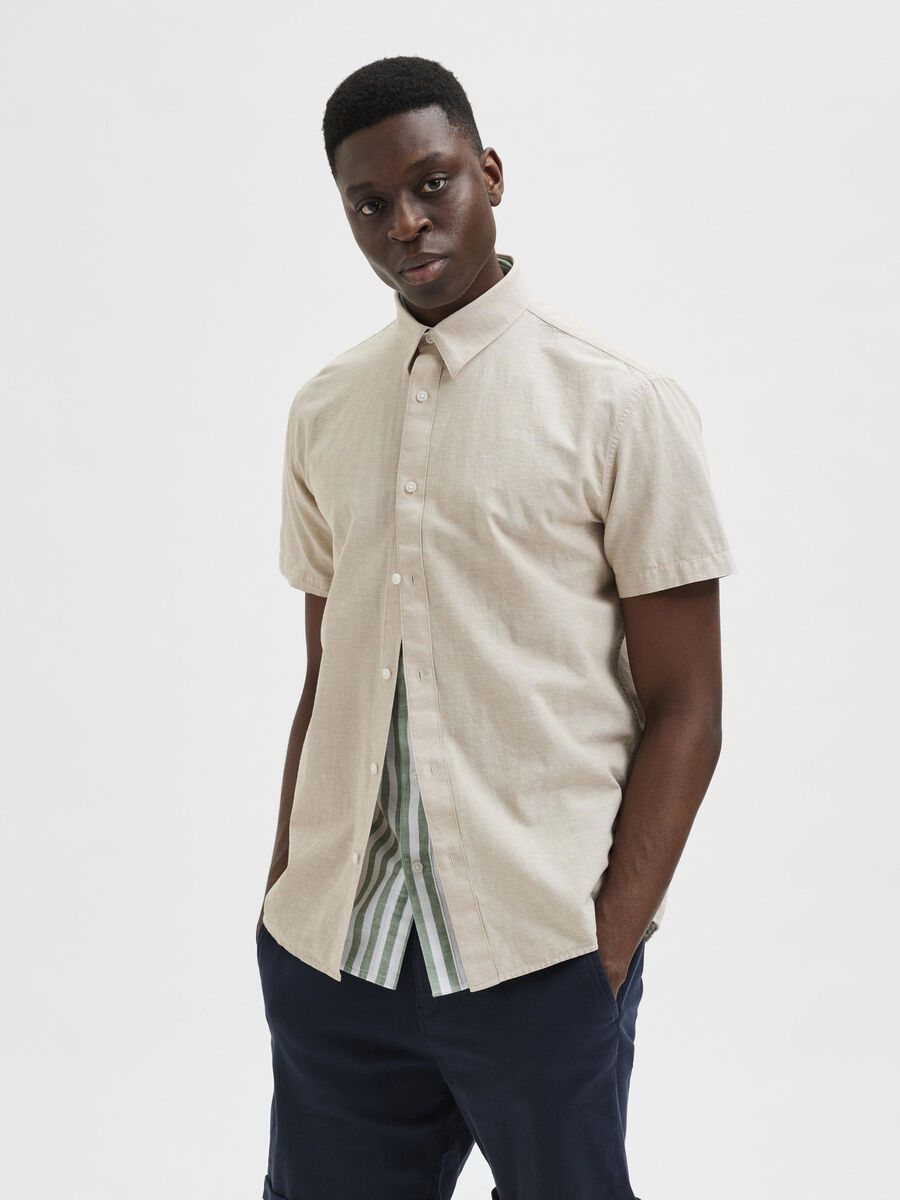 Selected LINEN ORGANIC COTTON SHORT-SLEEVED SHIRT, Incense, highres - 16079053_Incense_003.jpg