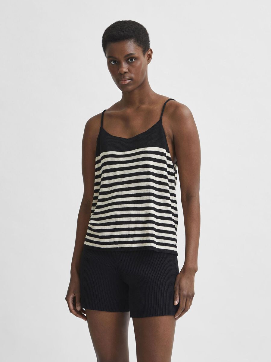 Selected STRIPED LINEN BLEND STRAP TOP, Black, highres - 16080345_Black_870647_003.jpg