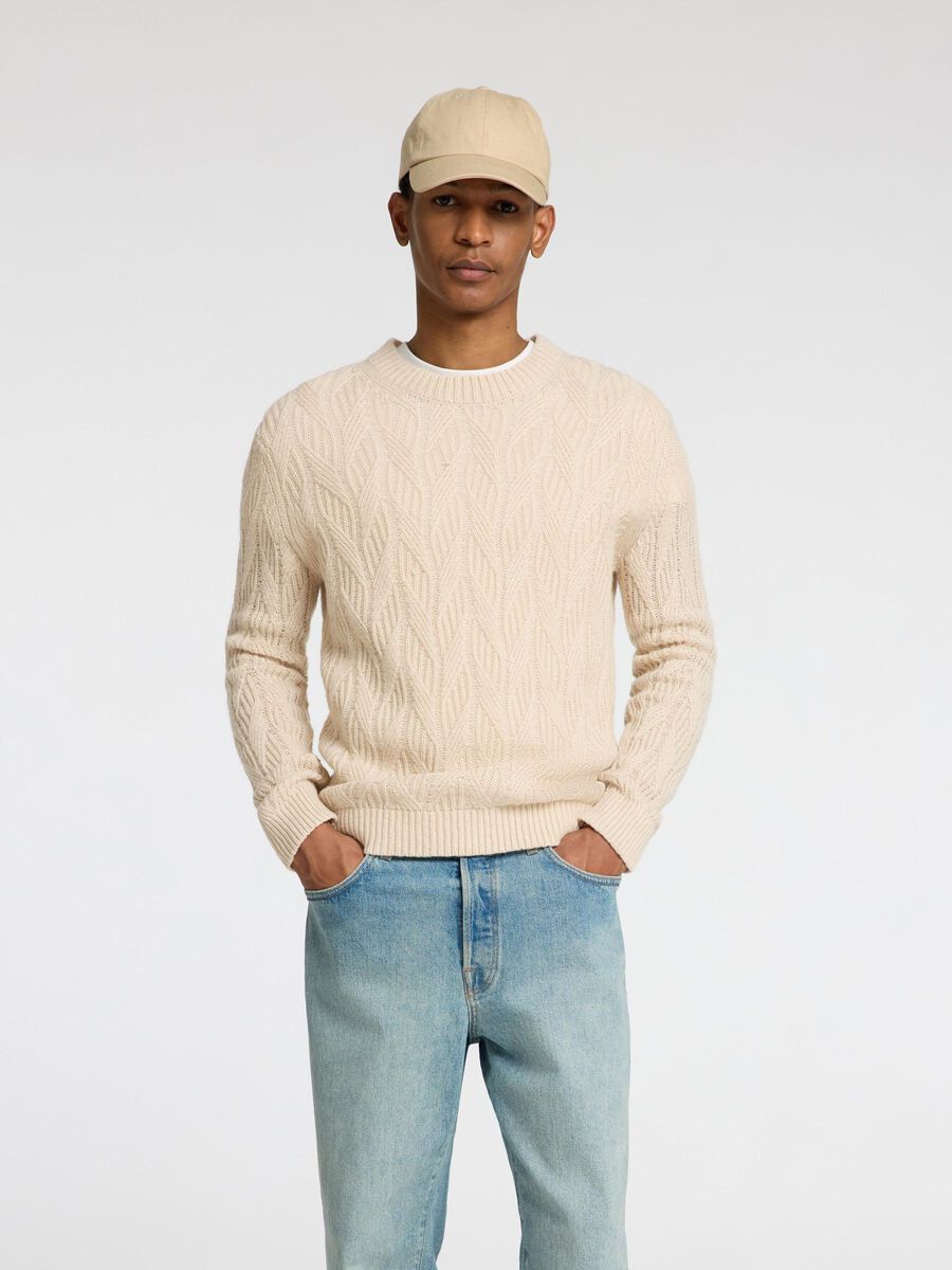 Selected CABLE KNIT KNITTED PULLOVER, Oatmeal, highres - 16086686_Oatmeal_003.jpg