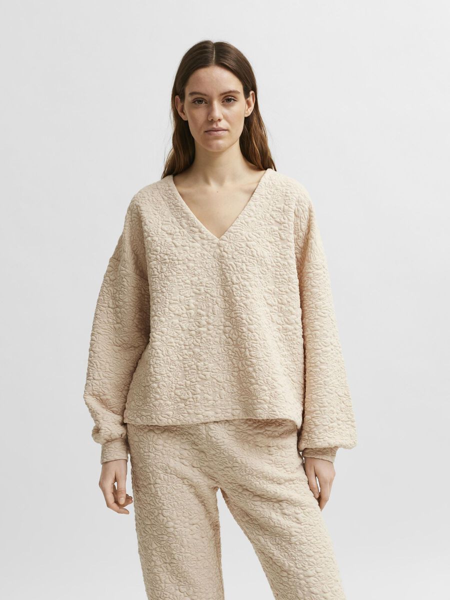 Selected STRUKTURERAD V-RINGAD BLOMMÖNSTER SWEATSHIRT, Sandshell, highres - 16078314_Sandshell_003.jpg