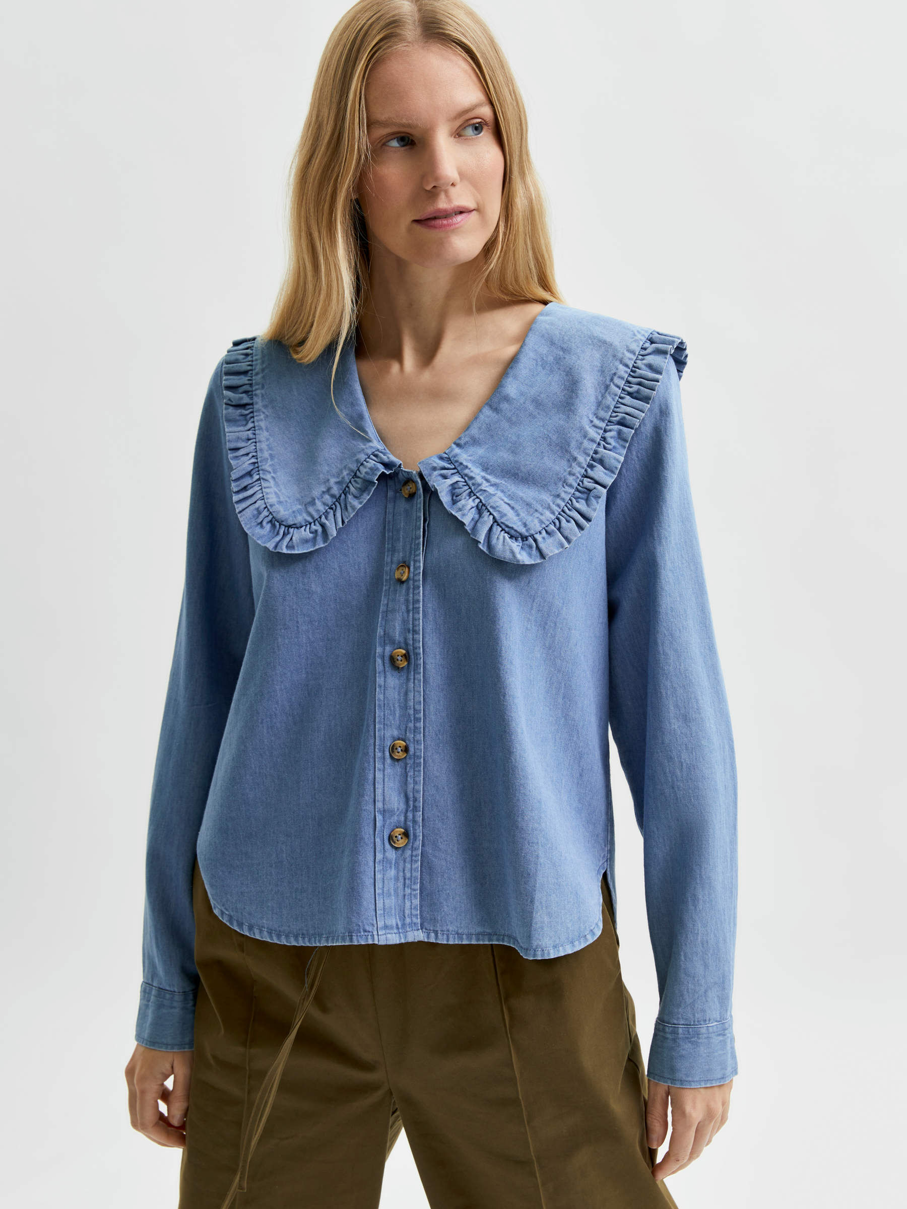 Blue STATEMENT COLLAR DENIM SHIRT 
