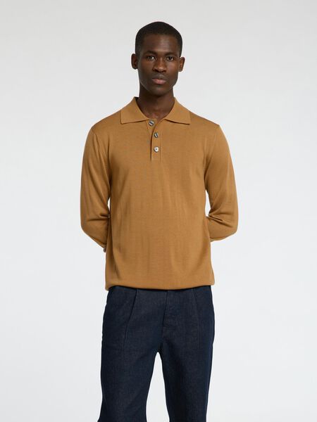 Selected 100% MERINO WOOL KNITTED POLO SHIRT, Chipmunk, highres - 16097823_Chipmunk_003.jpg