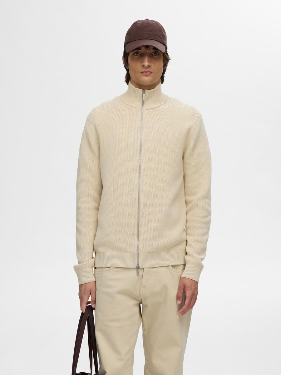 Selected ZIPPED HIGH NECK KNITTED CARDIGAN, Oatmeal, highres - 16096883_Oatmeal_003.jpg