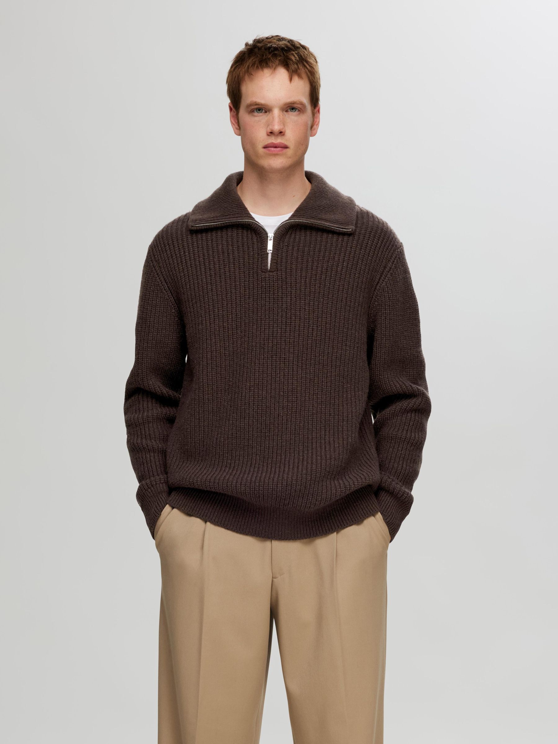 KNITTED HALF ZIP JUMPER Brown SELECTED HOMME
