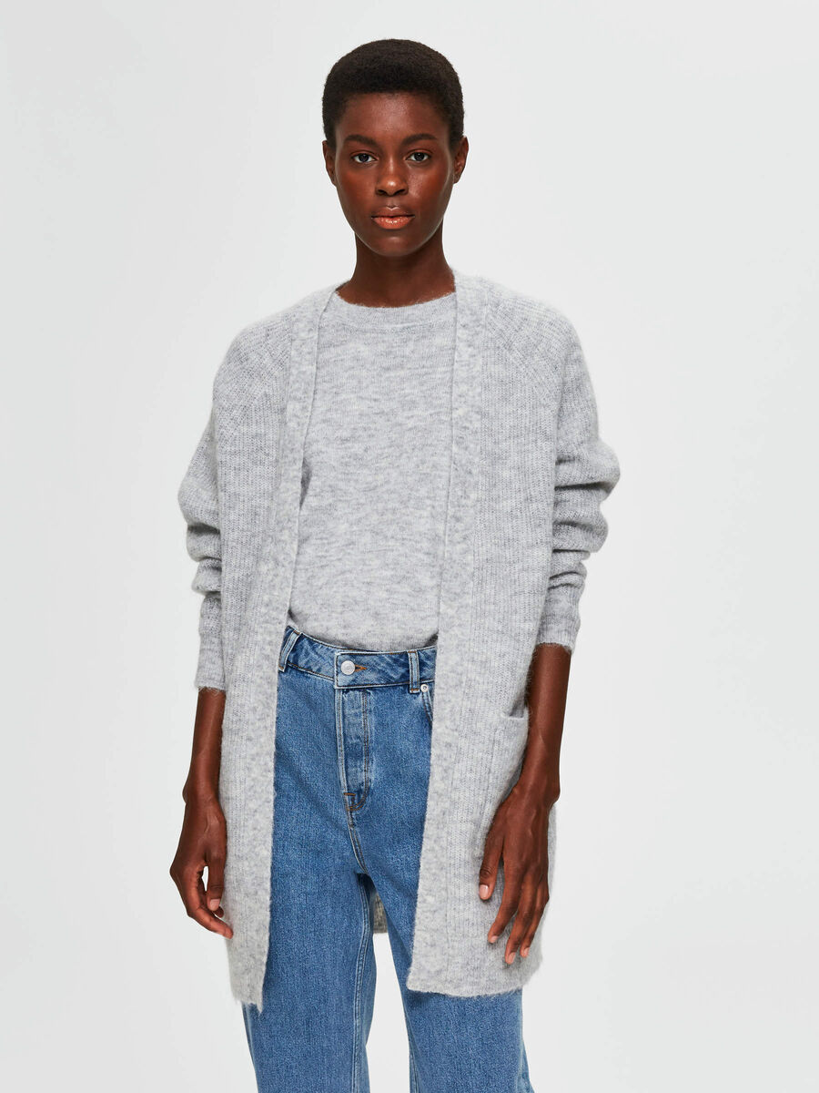 Selected LANG STRIKKET CARDIGAN, Light Grey Melange, highres - 16074480_LightGreyMelange_003.jpg