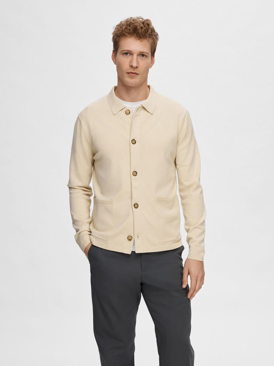 Selected KNITTED POLO CARDIGAN, Fog, highres - 16092665_Fog_003.jpg