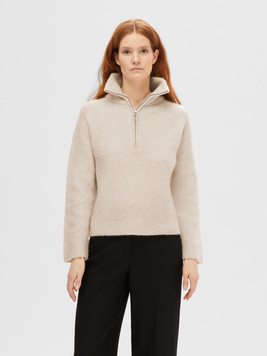 Selected HALF-ZIP WOOL BLEND PULLOVER, Birch, highres - 16095364_Birch_003.jpg