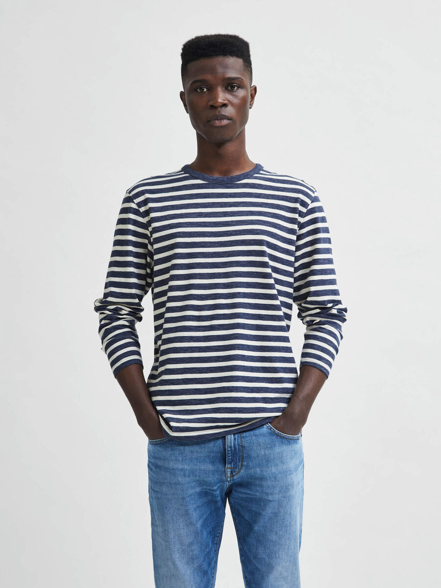 Selected COTON BIO RAYÉ T-SHIRT, Dark Blue Melange, highres - 16080136_DarkBlueMelange_861581_003.jpg