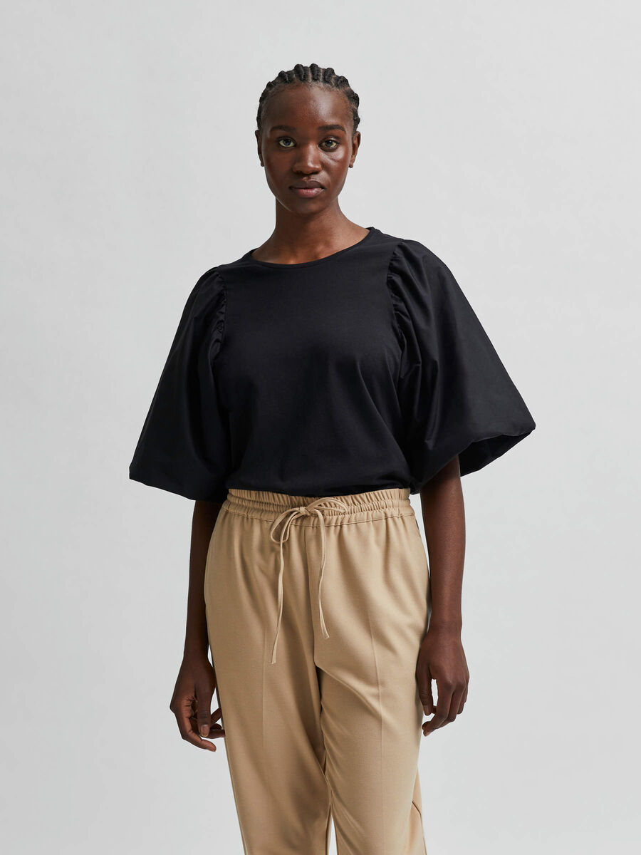 Selected ORGANIC COTTON PUFF SLEEVE T-SHIRT, Black, highres - 16079103_Black_003.jpg