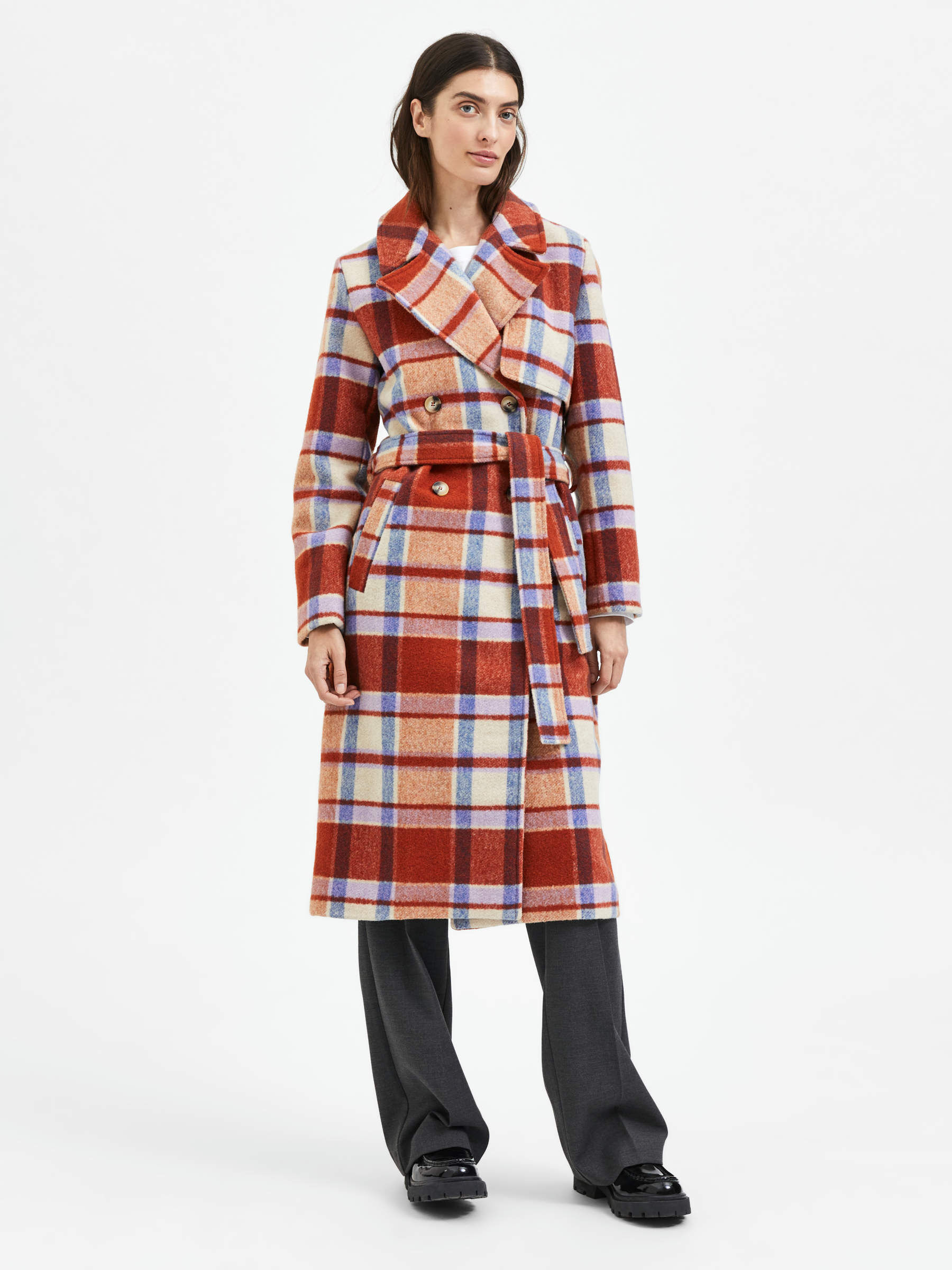 MOTIF TARTAN MANTEAU DE LAINE Marron SELECTED FEMME