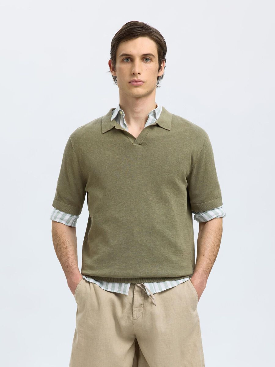 Selected SHORT SLEEVED KNITTED POLO SHIRT, Vetiver, highres - 16096197_Vetiver_003.jpg